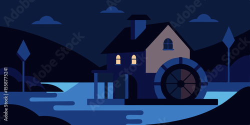 Spooky haunted house or castle illustration under a moonlit night sky, perfect for Halloween designs
