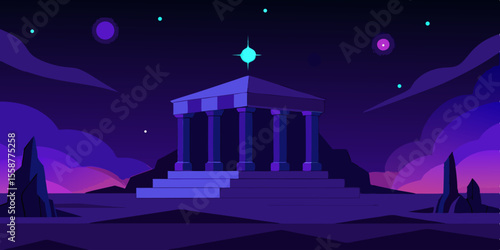 Dark night sky with stars and a moon illuminating a mosque and city architecture