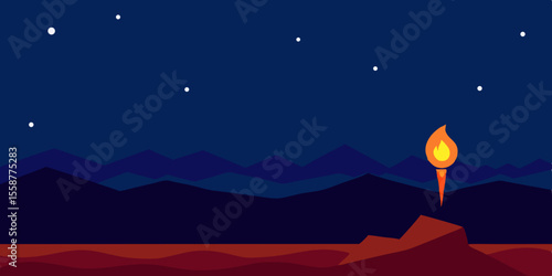 Night Landscape A Single Flame Illuminates the Mountains Under the Starry Sky