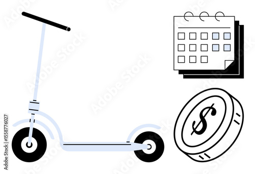 Electric scooter with a coin and calendar representing rental cost, subscription, or saving time. Ideal for mobility, savings, planning, eco-transport, rental services, budgeting and shared economy