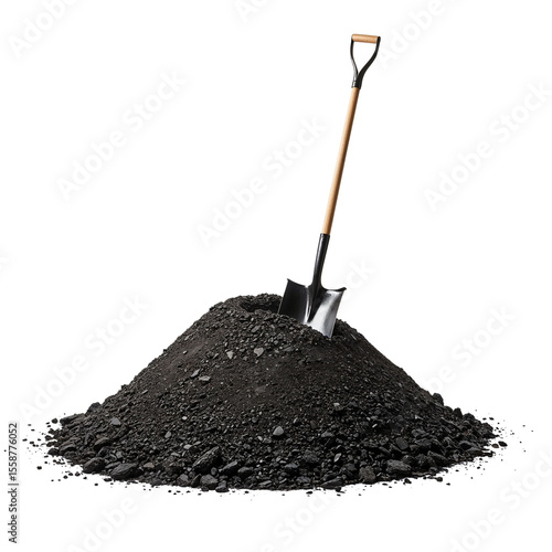 a pile of asphalt with a shovel stuck into it on a transparent background