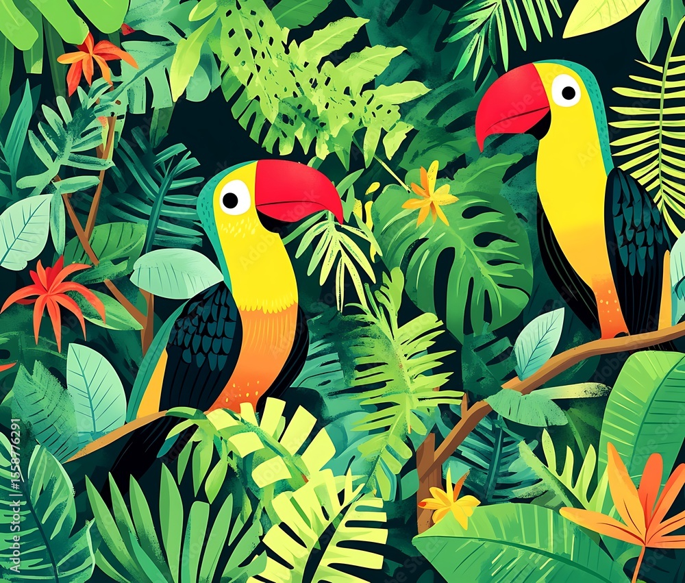 Fototapeta premium A cartoon jungle background with a tropical rainforest theme, featuring lush green foliage and exotic birds