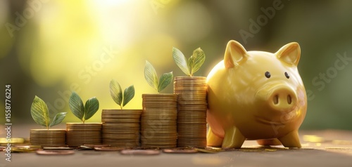 The piggy bank surrounded by growing coins and plants symbolizing financial growth.