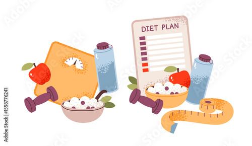 Flat vector illustration of a balanced diet plan with healthy food, scales. Nutrition, healthcare, and detox concepts. Flat vector illustration.