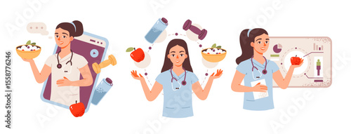 Female nutritionist creating a personalized diet plan. Nutritionist concept. Wellness, health, and balanced eating. Flat vector illustration.
