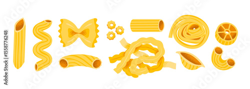 Assorted Italian pasta types including spaghetti, ravioli, and fusilli. Ideal for menu, nutrition, and gourmet, restaurant, cooking. Flat vector illustration.