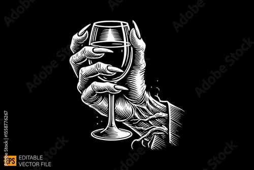 hand holding glass of wine dark horror art illustration design black and white backgroud templates
