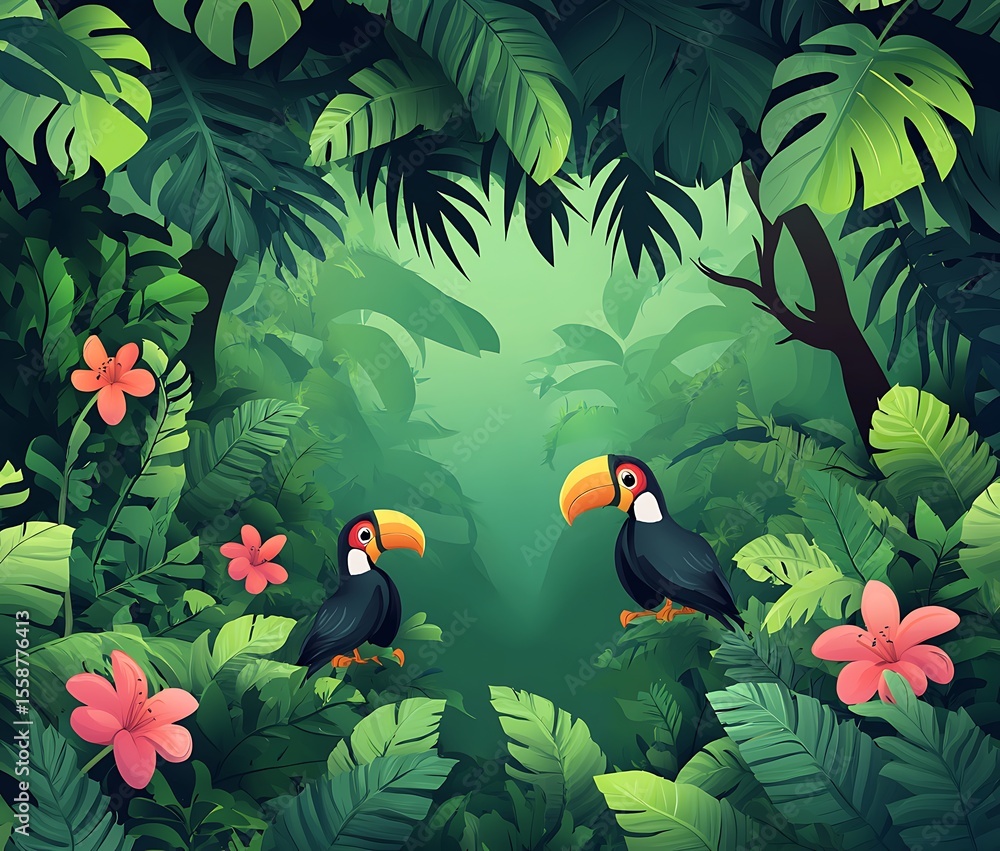 Fototapeta premium A cartoon jungle background with a tropical rainforest theme, featuring lush green foliage and exotic birds