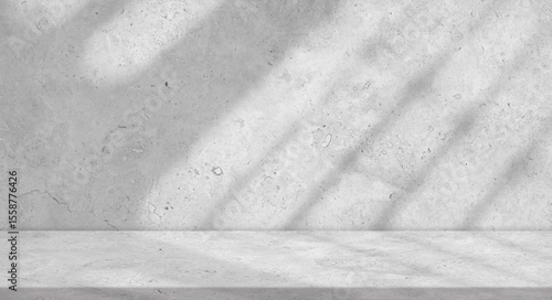 White background Studio room with shadow, window light overlay on marble texture floor tile and grey wall for Product background,Top desk grey stone granite slate,Interior Kitchen countertop or shelf