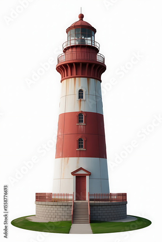Tall lighthouse, red and white stripes, guiding light.
