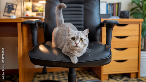 Gray cat stretches on a black office chair.
