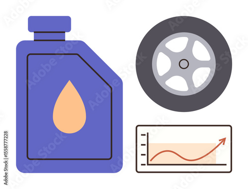 Oil container, car wheel, and performance chart highlighting key components of automotive care. Ideal for maintenance, automation, mechanics, efficiency, performance growth, service technology