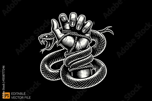 hand tied by snake dark horror art illustration design black and white backgroud templates