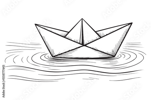 Black and white line drawing of a paper boat floating on water origami waves
