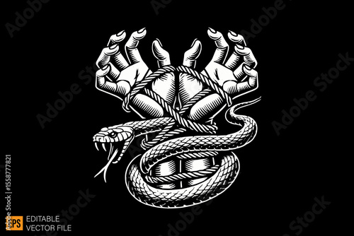 hand tied by snake dark horror art illustration design black and white backgroud templates