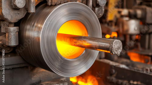 Hot metal steel manufacturing industry factory machinery glowing roll production