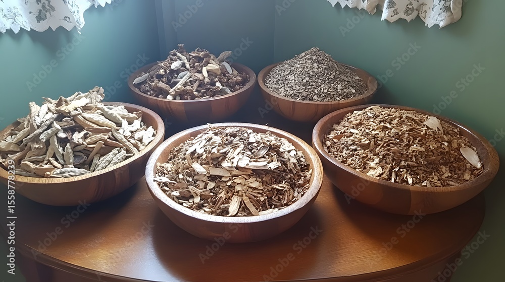Fototapeta premium Assorted Dried Herbs and Wood Chips in Bowls