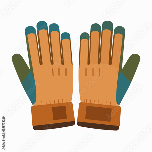 Two brown gloves with blue tips green thumbs and brown wristbands face front