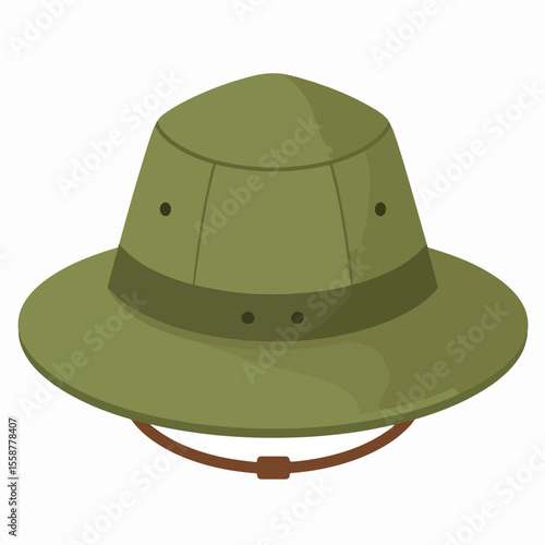 An olive green safari hat with a brown adjustable chin strap featuring small dark ventilation holes