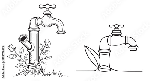 Black and white line drawing of vintage taps with plants faucet plumbing