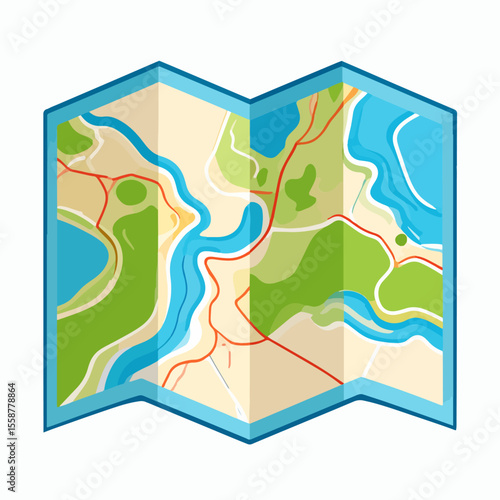 Folded map with waterways green areas red lines and beige terrain all bordered in light blue