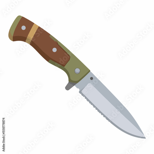 A folding knife with a brown  green handle and serrated silver blade diagonally positioned on a white background