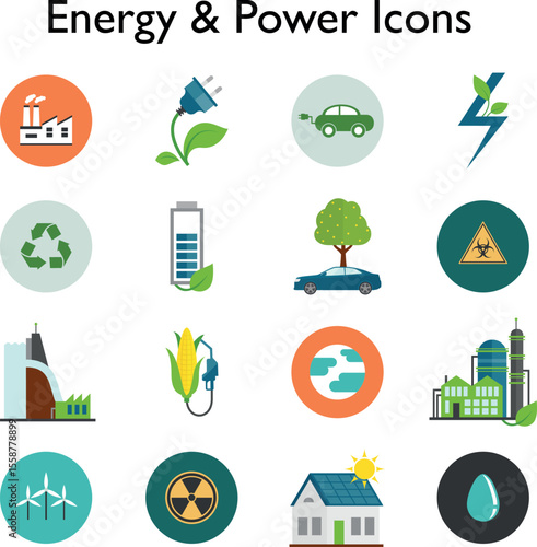 Energy and power vector icons set including solar panel, electricity, battery, fuel, windmill, plug, light bulb, and renewable energy symbols

