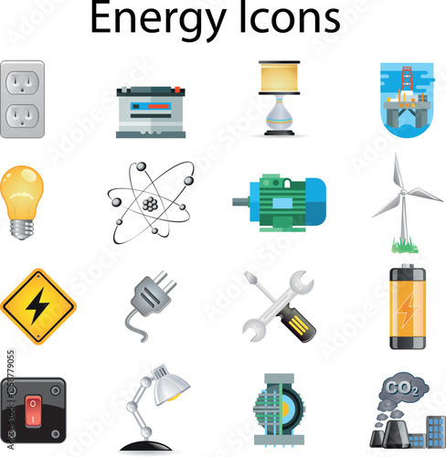 Clean vector icon collection for electricity and energy with eco-friendly, power generation, fuel, voltage, and lighting elements

