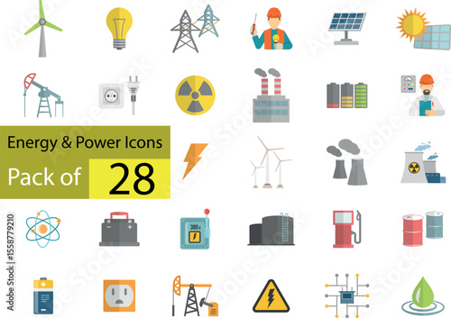 Flat vector icon set of 28 clean energy and power illustrations including smart plug, generator, solar roof, lightning, socket, and fuel pump

