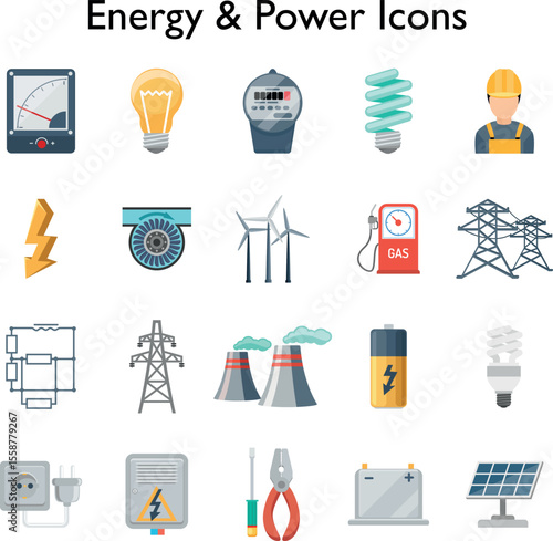 Flat energy icon set with illustrations of solar, battery, fuel pump, switch, electricity tower, and wind turbine

