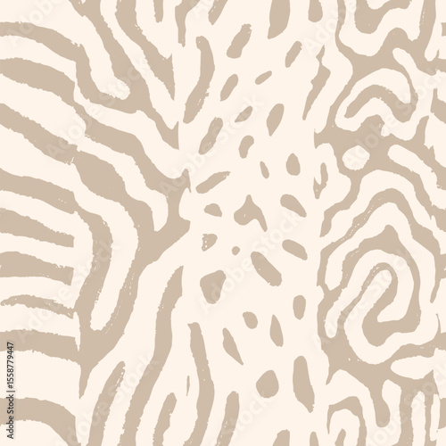 Modern animal print. Vector seamless pattern. Trendy background with mixed animal-inspired exotic textures, spots, stripes. Abstract safari wildlife fur skin background. Jaguar, leopard, zebra, snake