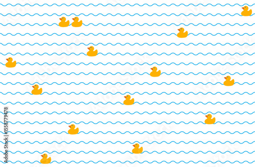 かわいい黄色のラバーダックが波の上に浮かぶシームレスなベクターパターン｜アヒル、水面、波、背景、育児、おもちゃ、保育、赤ちゃん、フラットデザイン