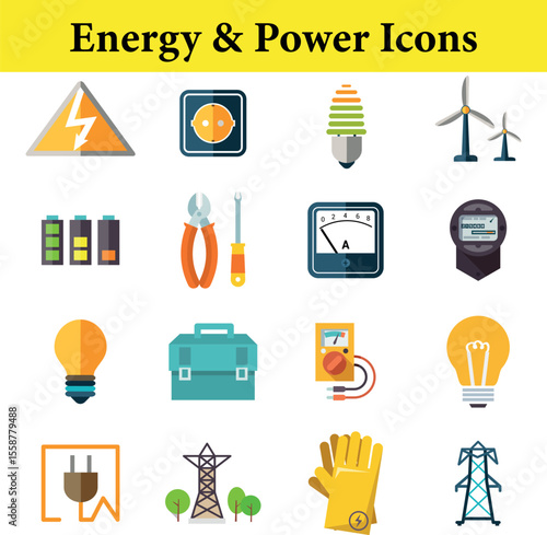 Power and energy vector set of clean icons for environmental, utility, EV charging, and industrial electricity usage

