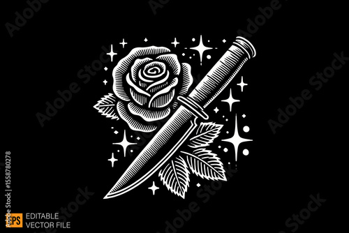 knife and rose dark horror art illustration design black and white backgroud templates