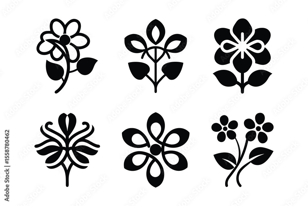 Fototapeta premium Six Stylish Black and White Floral Icons: Minimalist Botanical Vector Graphics for Branding, Design Projects, and Website Decoration; Simple, Elegant, and Modern Flower Illustrations.
