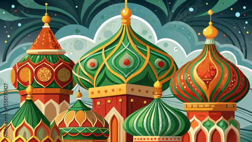 Zoomed view of the onion domes with swirling red, green, and gold patterns. Gentle snowflakes land on the ornate tiles, as golden crosses gleam against a grey winter sky.

