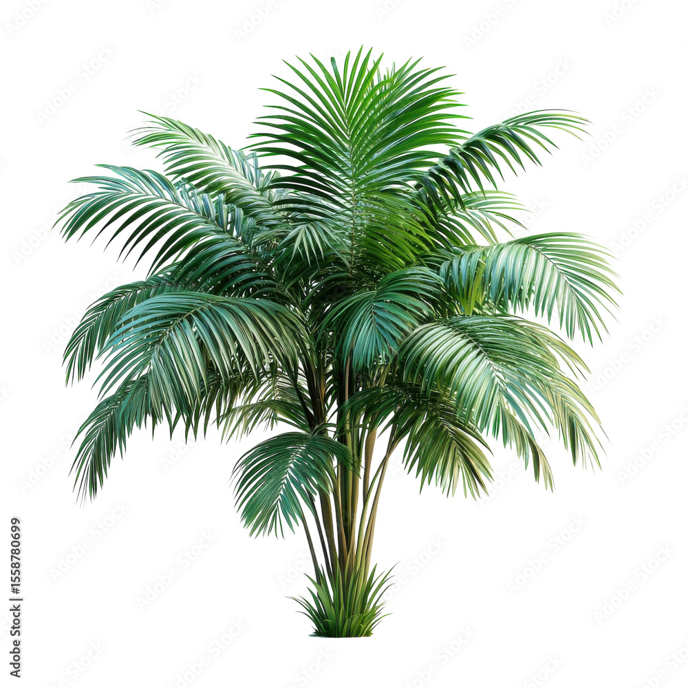 Fototapeta premium Lush areca palm tree with vibrant green fronds perfect for tropical decor on transparent background