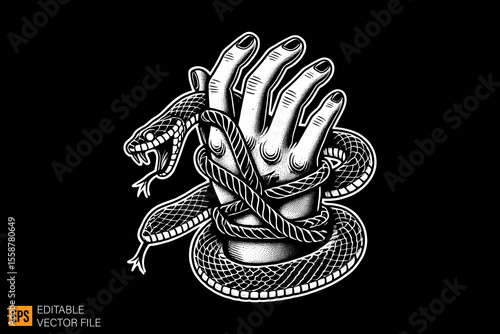 hand tied by snake dark horror art illustration design black and white backgroud templates
