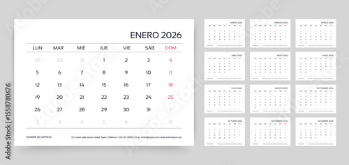 2026 Spanish calendar. Calender layout. Planner template with 12 month. Week starts Monday. Table schedule grid. Yearly stationery organizer. Horizontal monthly desk diary. Vector simple illustration
