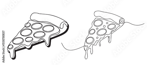 Dripping pepperoni pizza slice continuous line art cheese