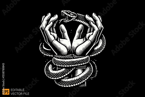 hand tied by snake dark horror art illustration design black and white backgroud templates