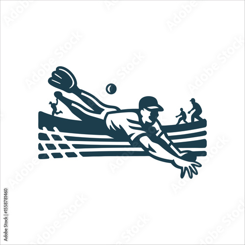 Baseball Fielder Diving Catch Silhouette Graphic Fielder Diving Mid action catch