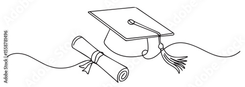 Graduation cap and scroll with tassel and ribbon diploma