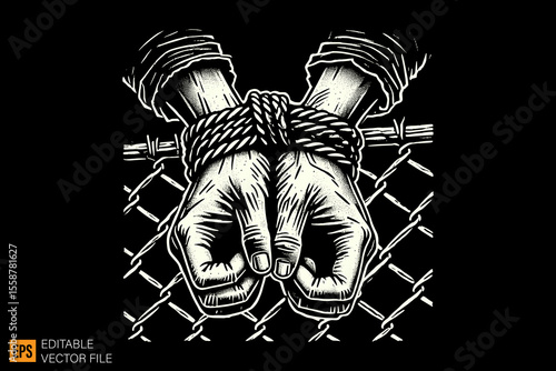 hand tied by rope dark horror art illustration design black and white backgroud templates