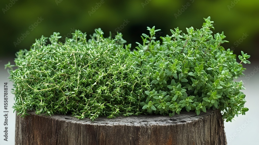 Fototapeta premium Fresh Thyme Herbs on Rustic Tree Stump