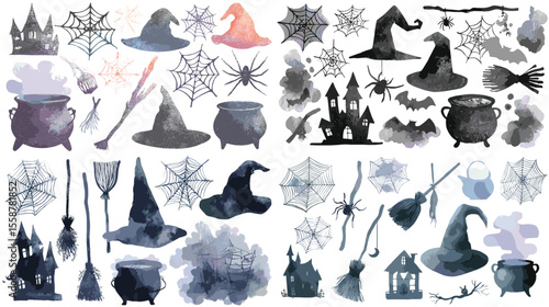 Watercolor Halloween element set including witch hats, cauldrons, brooms, haunted houses, spiders, cobwebs, and bats in spooky black and purple hues.

