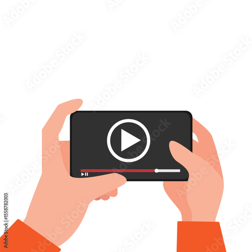 Hand holding smartphone with online video player on screen. App on phone for watching video. vector illustration
