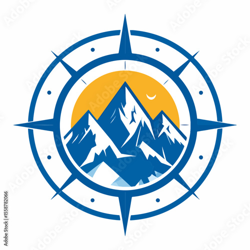 A blue compass rose surrounds mountains beneath a yellow sun