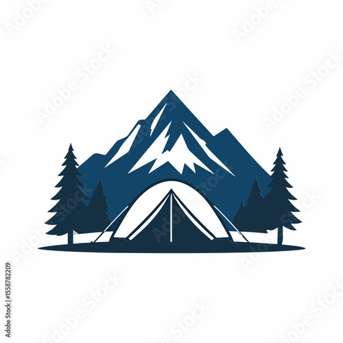A serene camping scene a tent nestled between trees set against a backdrop of majestic snowcapped mountains