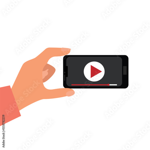 Hand holding smartphone with online video player on screen. App on phone for watching video. vector illustration